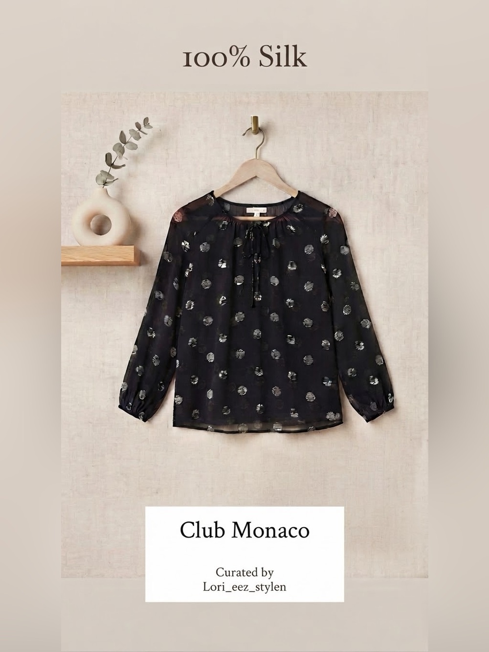 Club Monaco Black Silk Tie-Neck Blouse with Metallic Dot Print